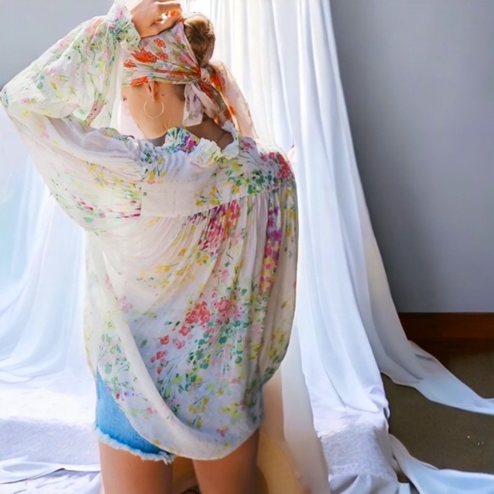 Anthropologie White Floral Tie-Front Blouse - Picture 8 of 13